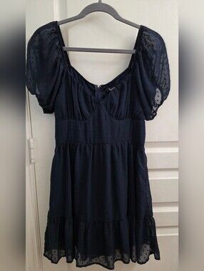 Trixxi Navy Swiss Dot Puff Sleeve Midi Dress